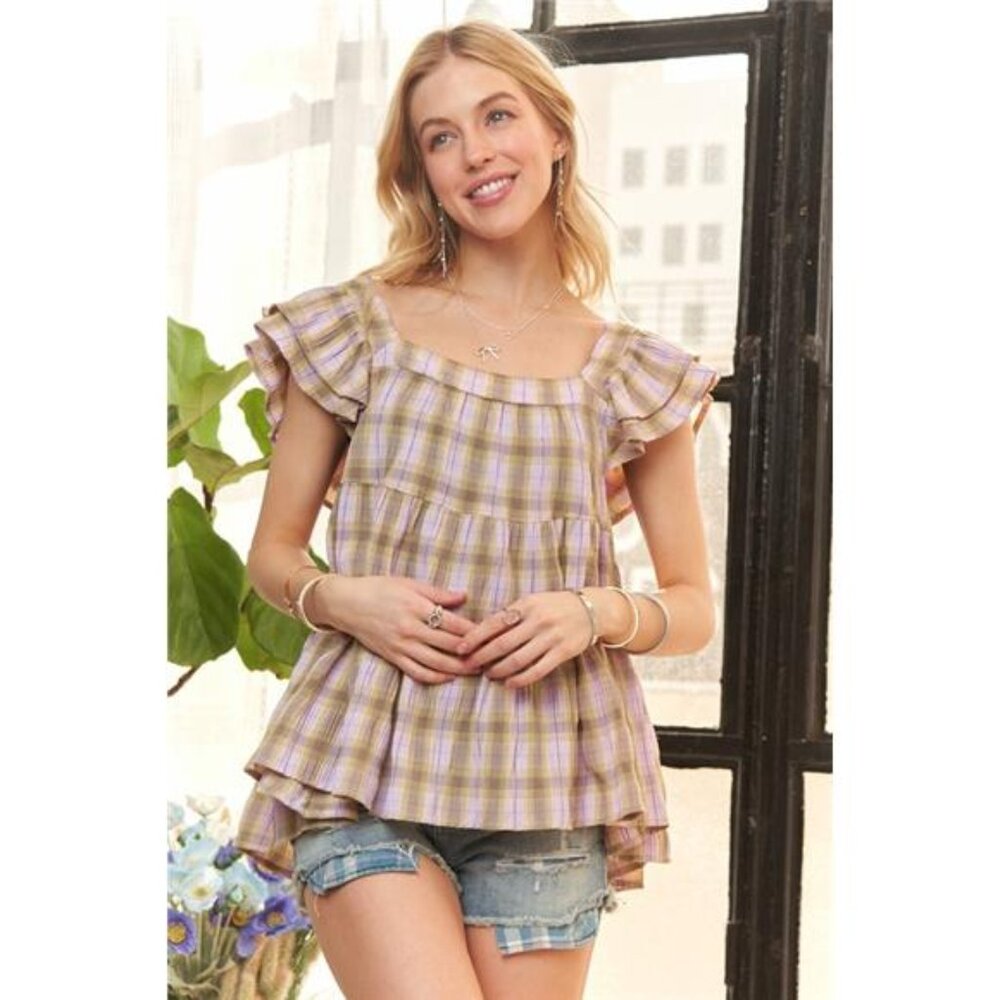 NWT ADORA Ruffled Square Neck Cap‎ Sleeve Babydoll Blouse